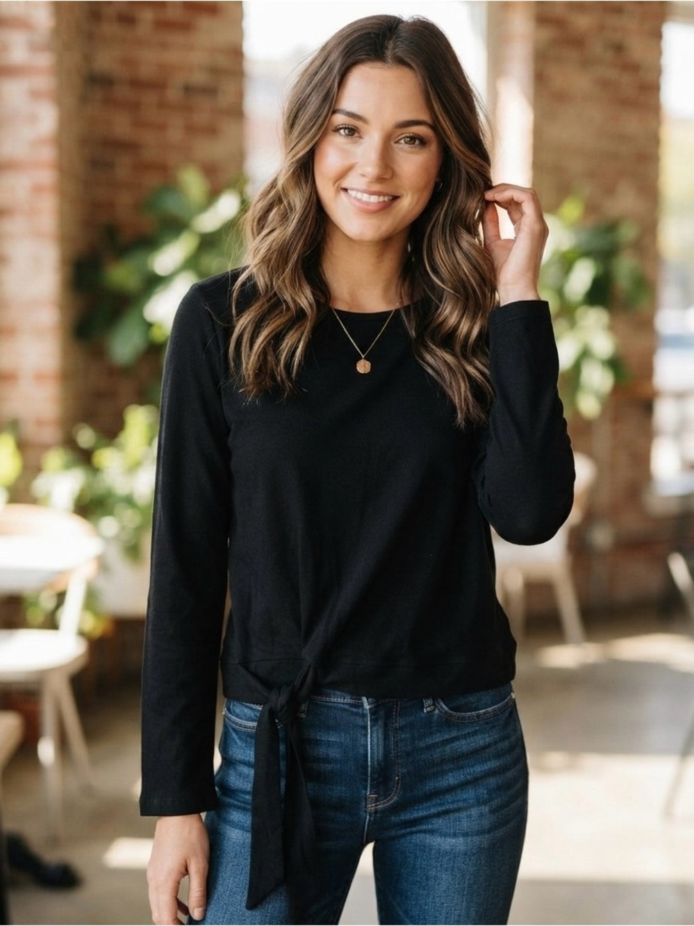 Madewell Black Long-Sleeve Tie-Waist Top